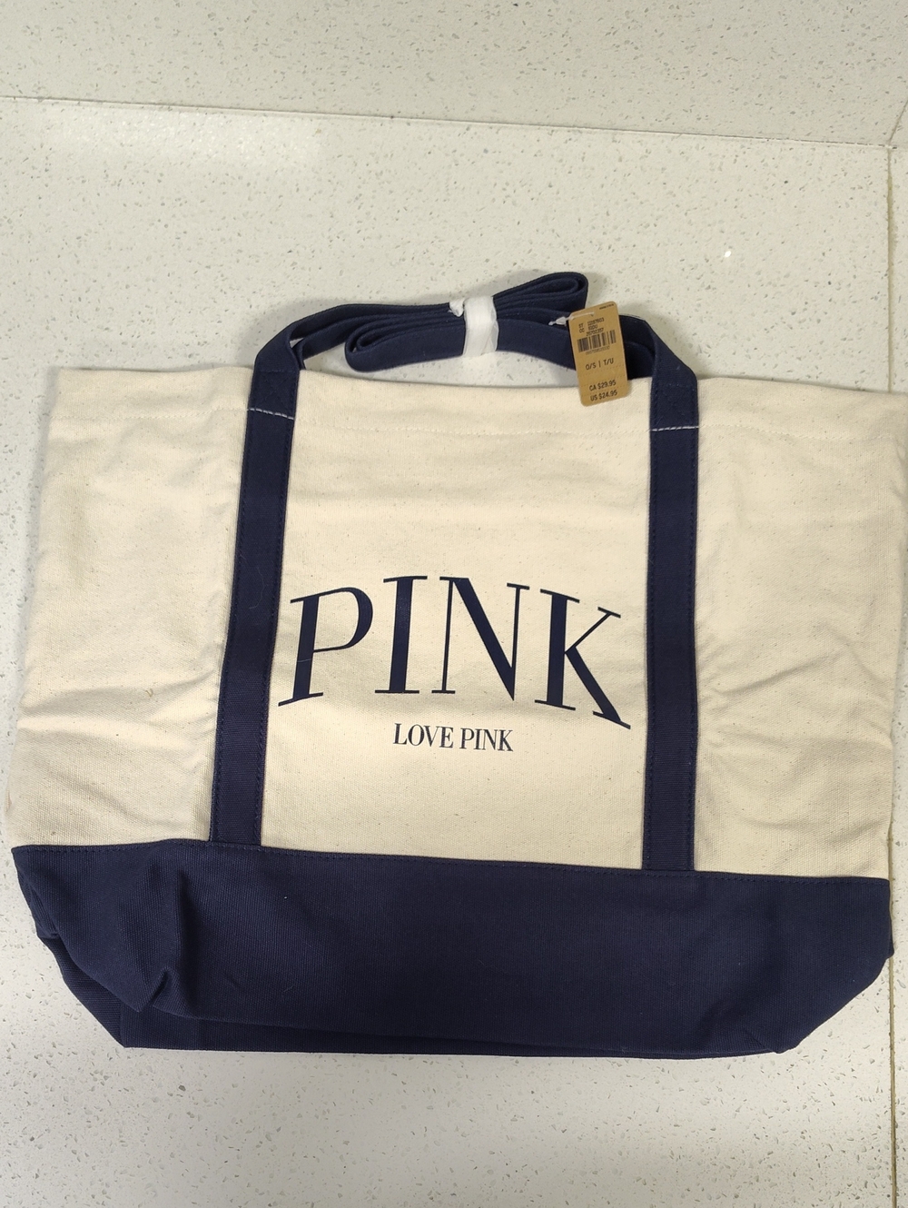 PINK Victoria's Secret Canvas Tote in Cream and Navy